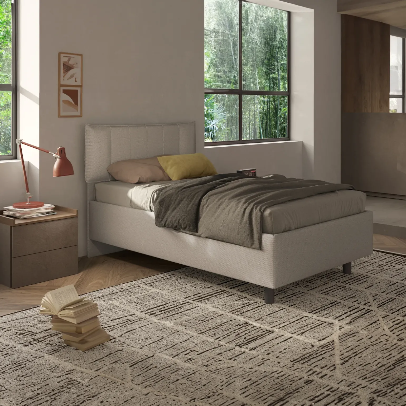 Letto contenitore una piazza e mezza 120x195cm imbottito tessuto tortora CozyHaven