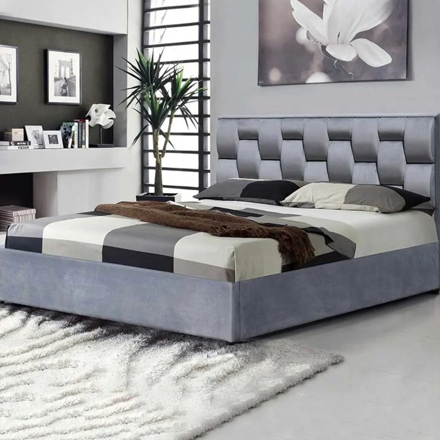 Letto imbottito matrimoniale in velluto con contenitore 160x200cm grigio Arena