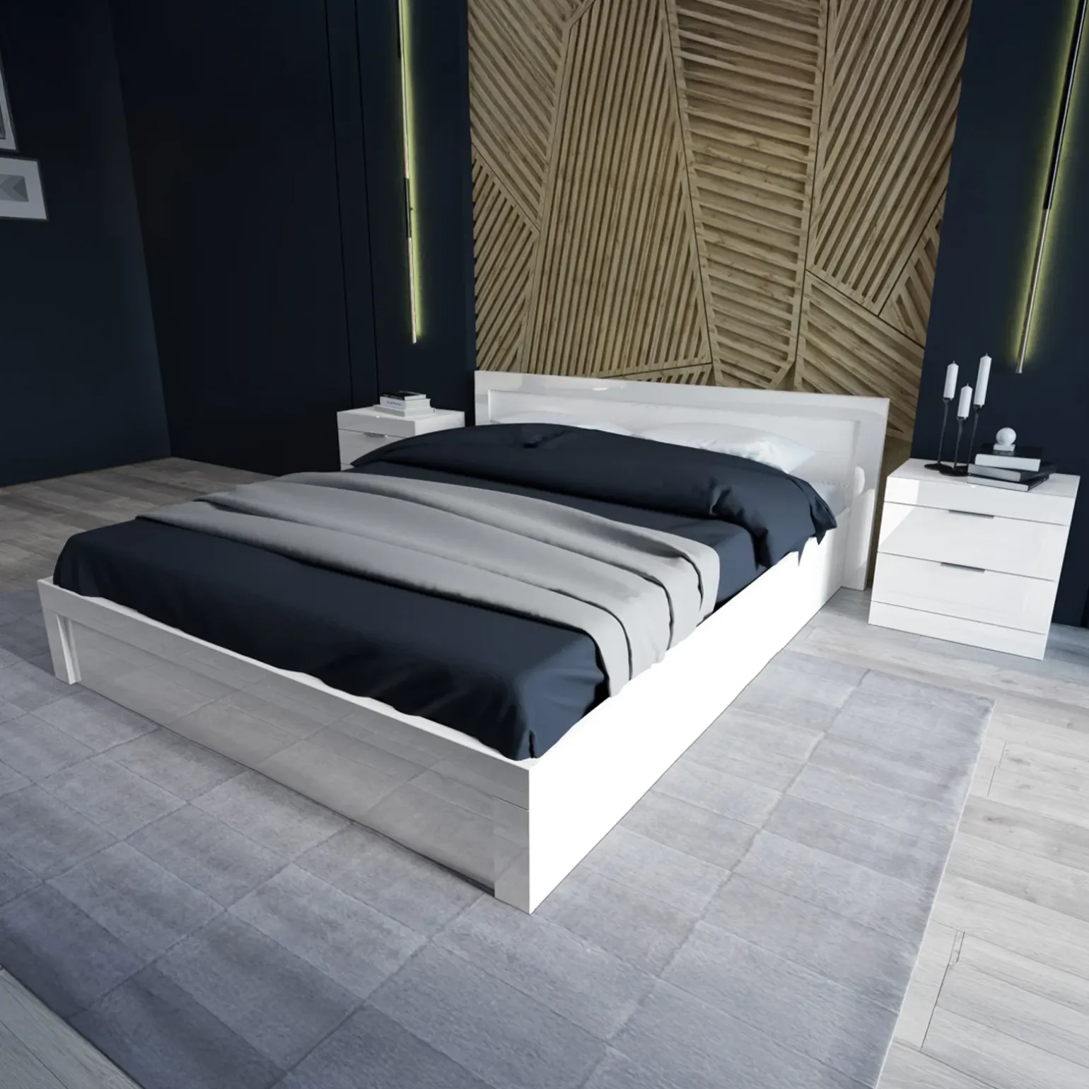 Letto matrimoniale con comodini 160x200cm bianco lucido Alina