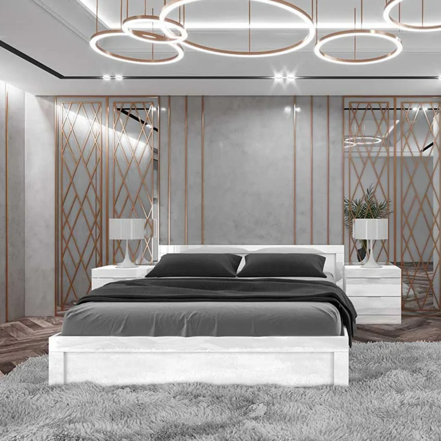 Letto matrimoniale con comodini 160x200cm bianco lucido Alina
