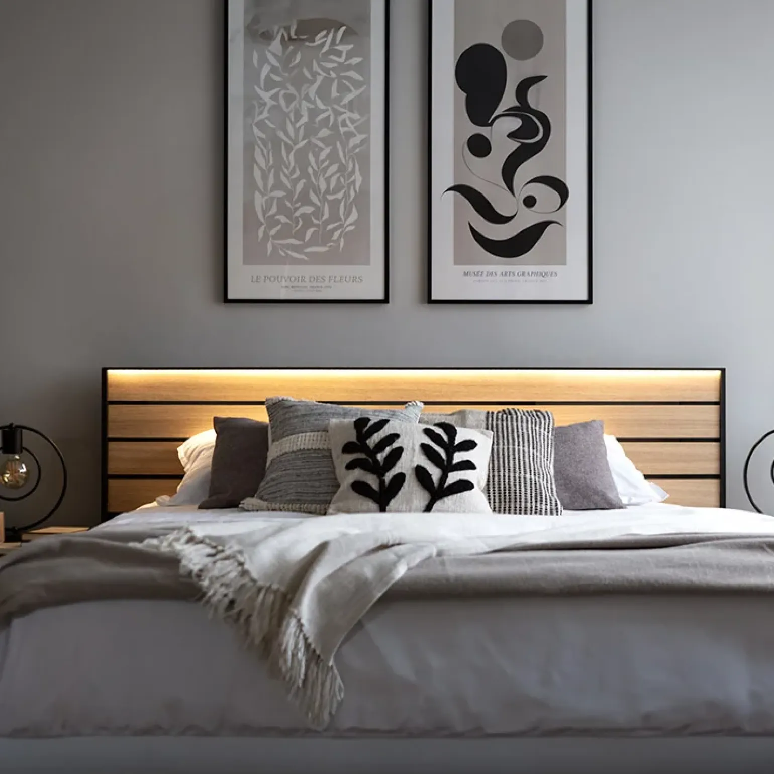 Letto matrimoniale contenitore 160x200cm con LED e presa USB-C grigio nero rovere Luna