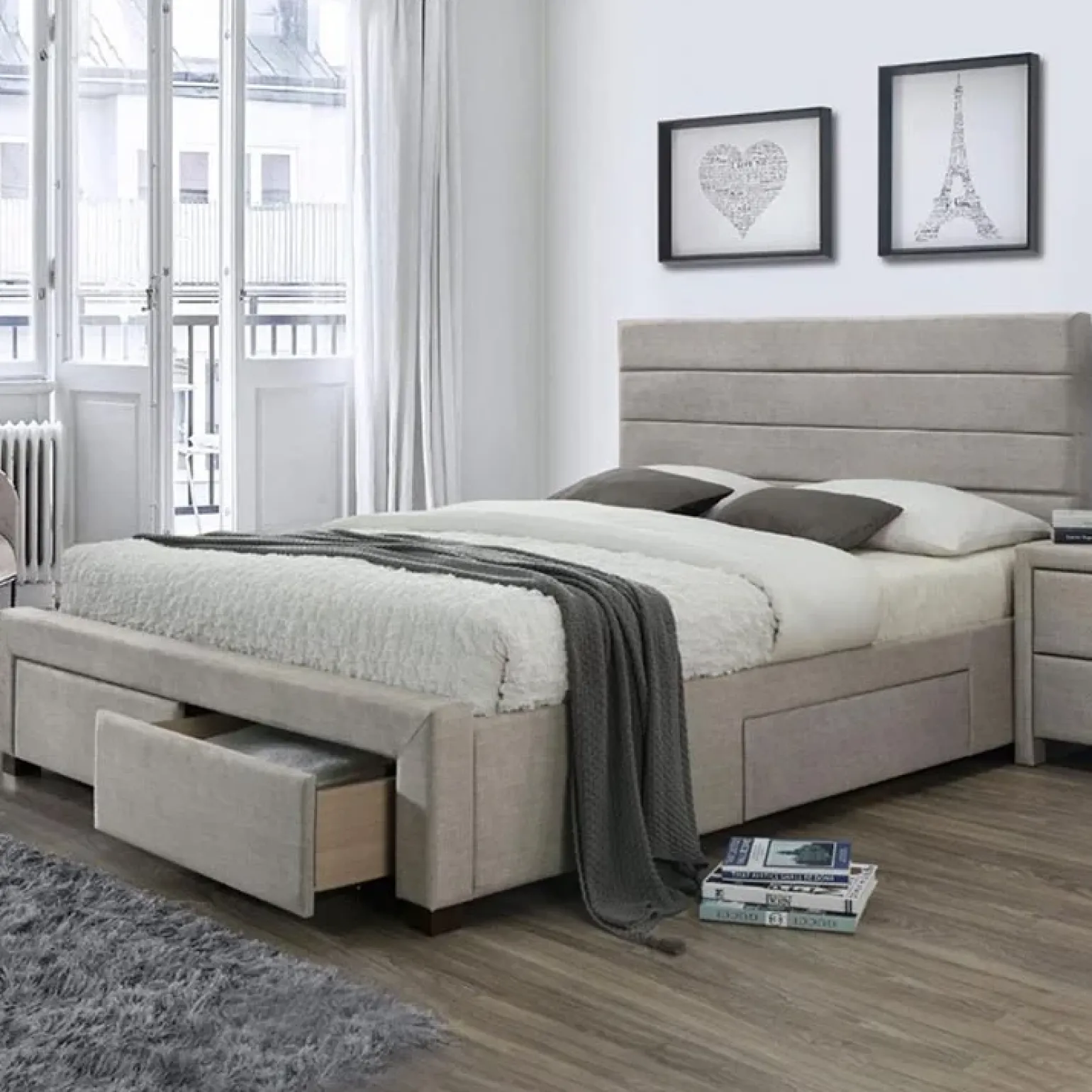 Letto matrimoniale moderno in tessuto 160x200cm beige noce Giusy
