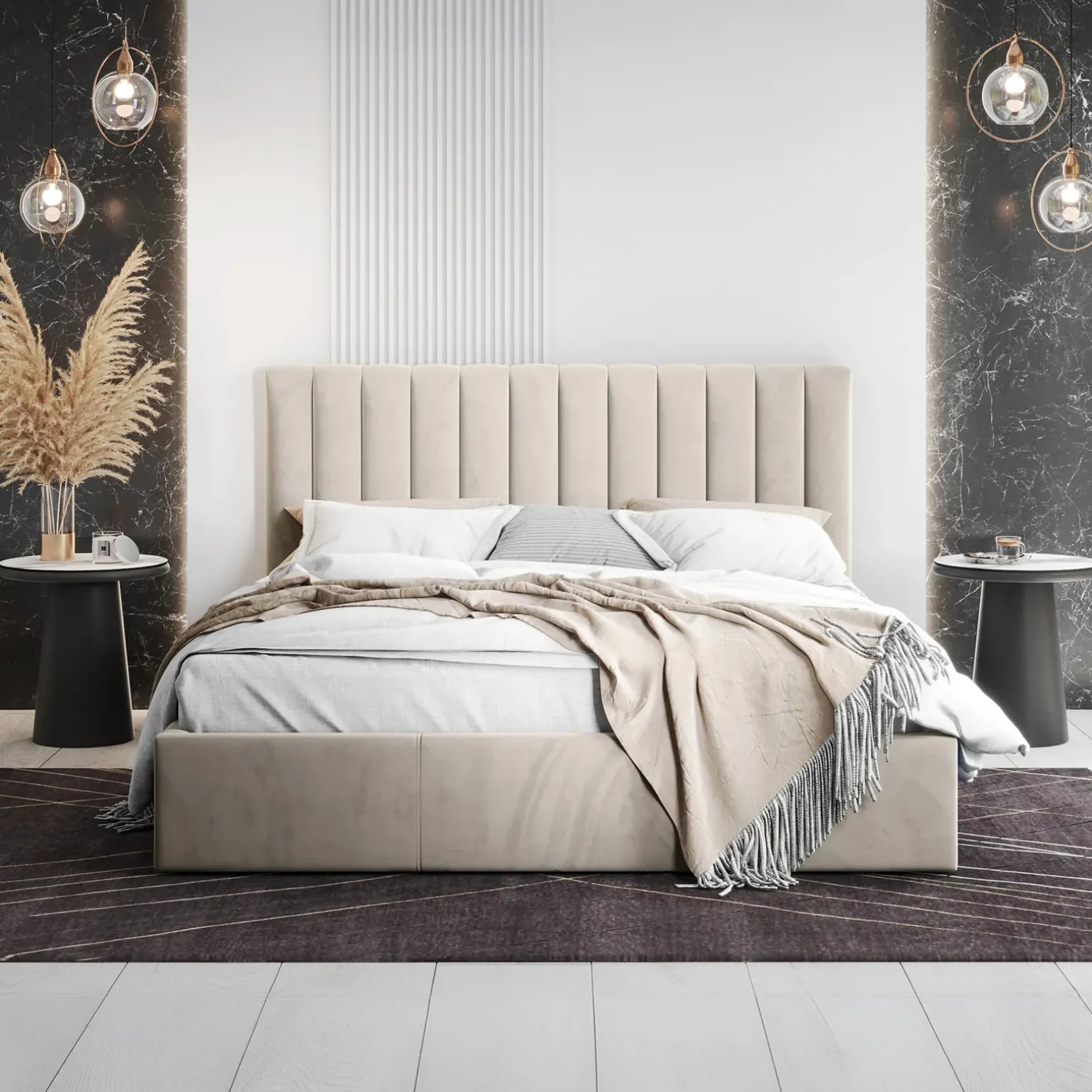 Letto matrimoniale oversize 180x200 cm con rete contenitore imbottito beige Orione