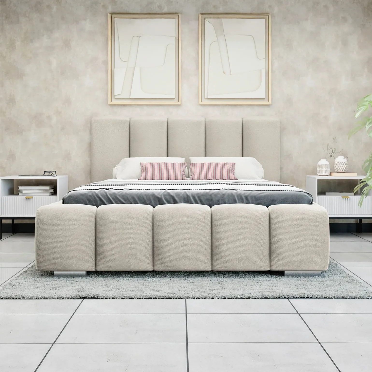Letto matrimoniale oversize 180x200 cm con rete contenitore imbottito beige Cometa