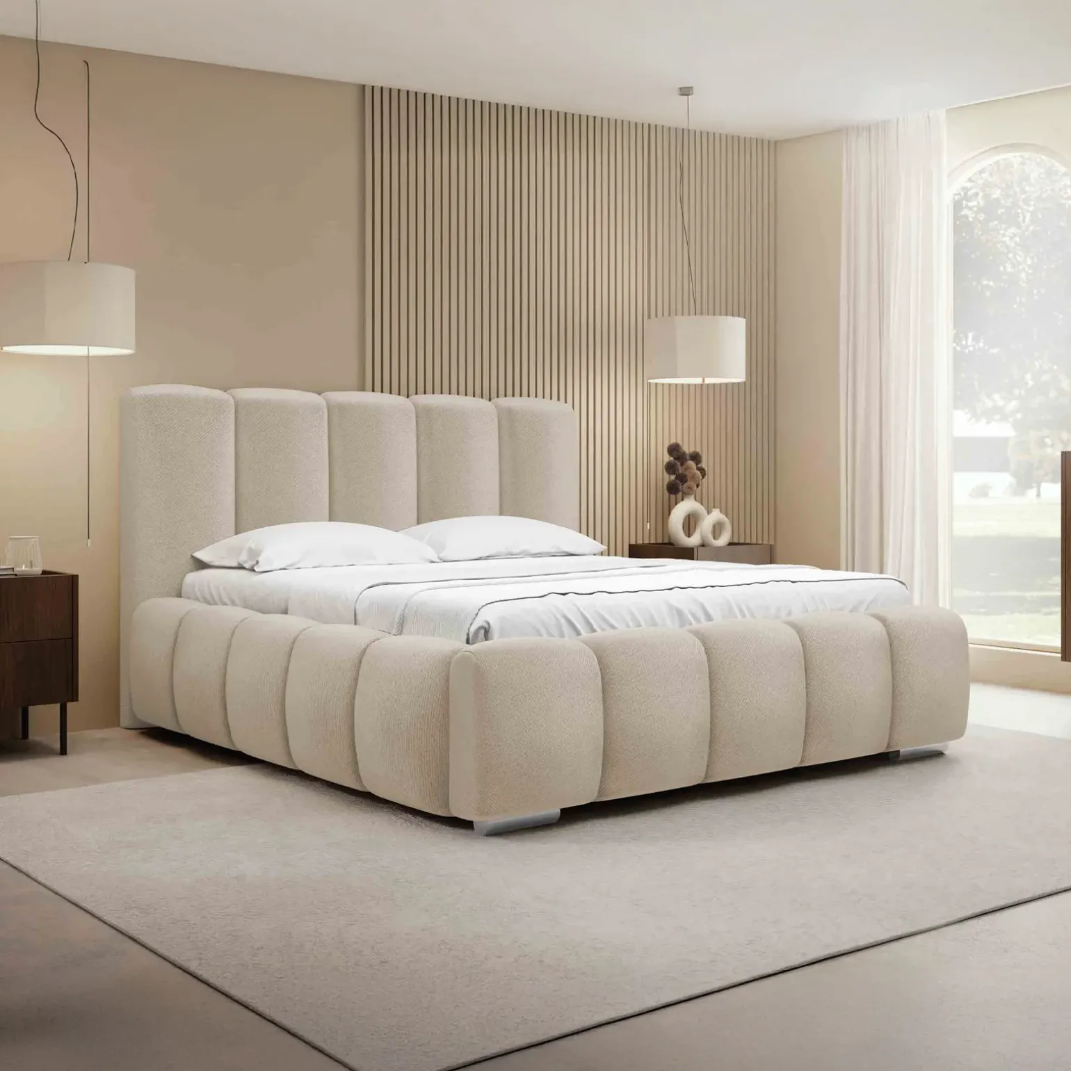 Letto matrimoniale oversize 180x200 cm con rete contenitore imbottito beige Cometa
