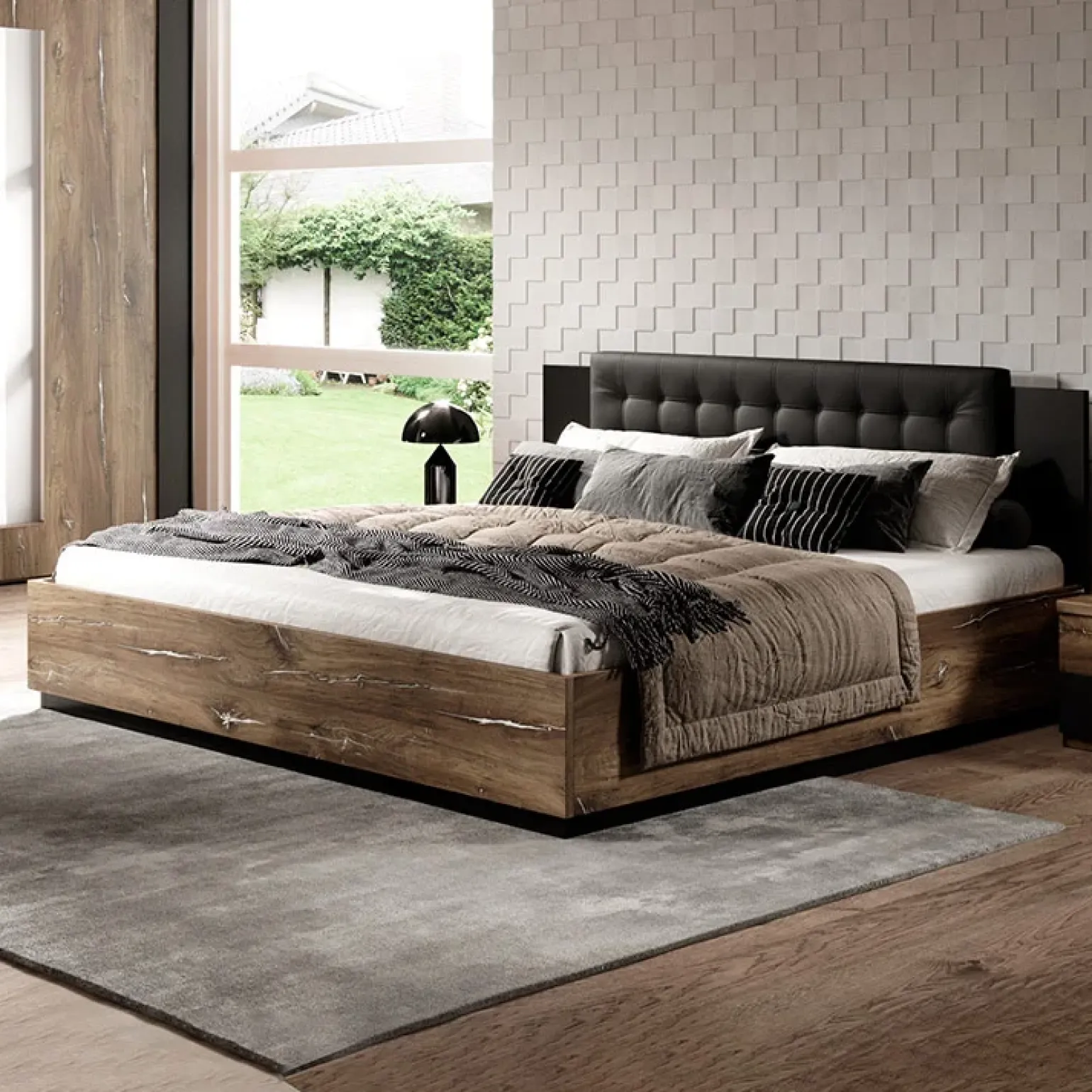 Letto matrimoniale oversize 180x200cm con rete contenitore rovere scuro nero Vulcano