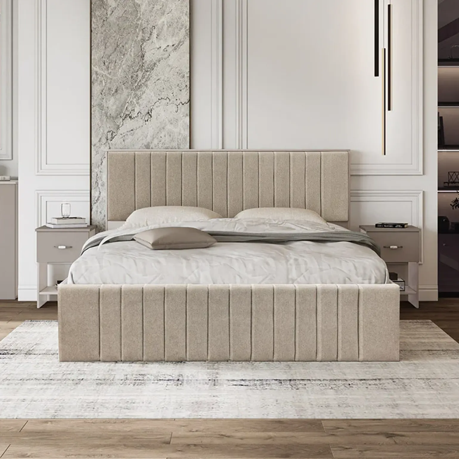 Letto matrimoniale oversize 180x200cm imbottito con contenitore beige Emporio