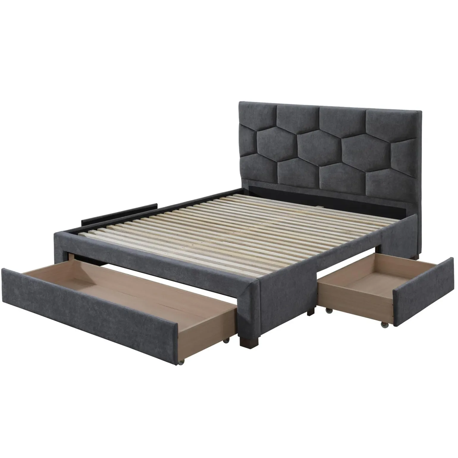 Letto matrimoniale 160x200 cm con rete a doghe imbottito con cassetti contenitore grigio Jay