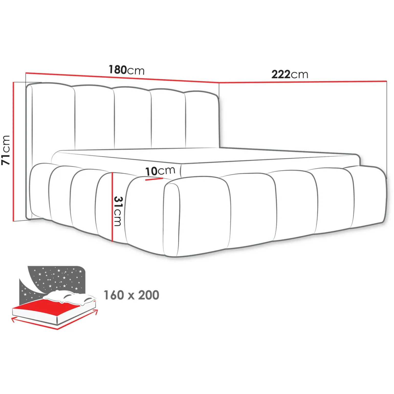 Letto matrimoniale 160x200cm con rete contenitore imbottito blu Aluna