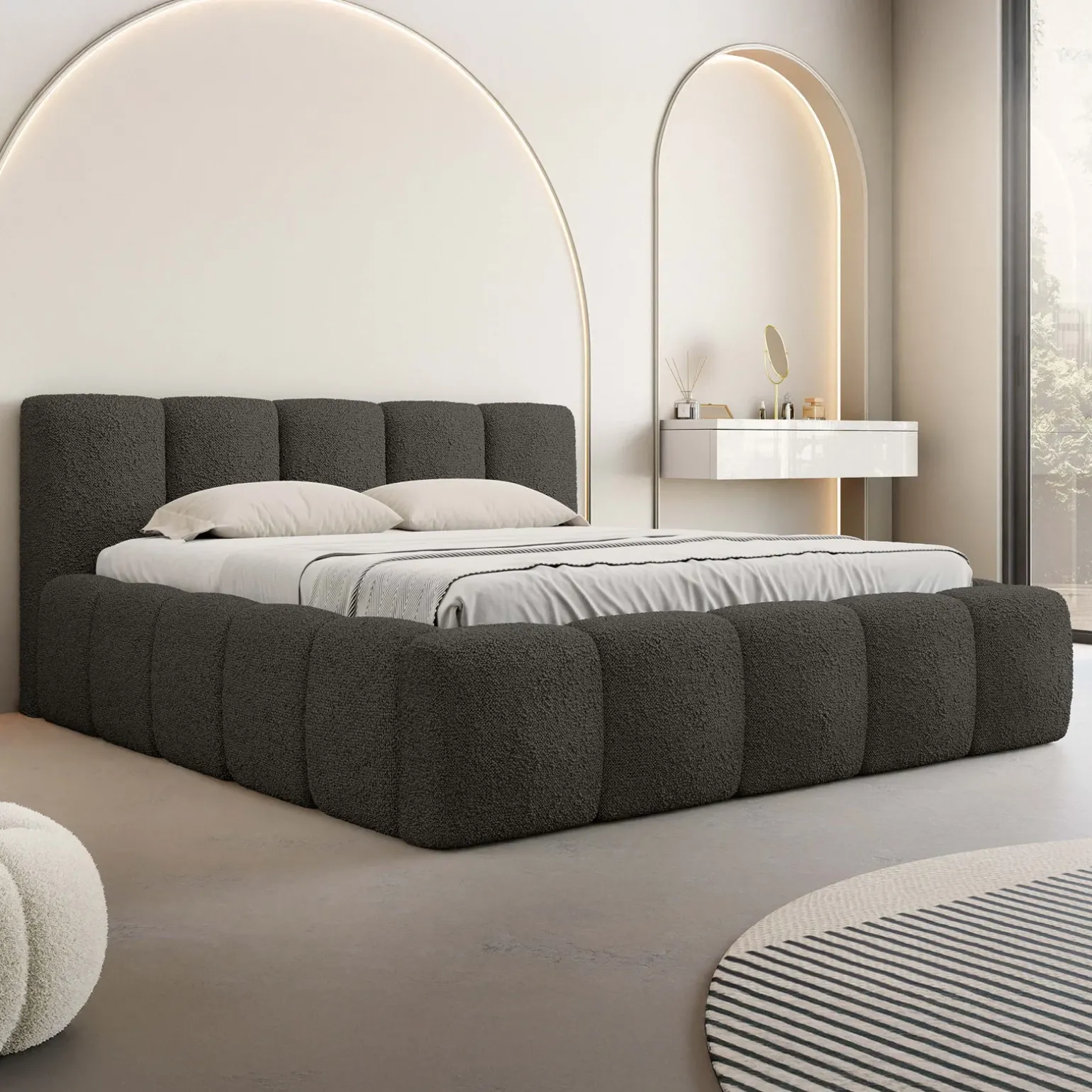Letto matrimoniale 160x200cm con rete contenitore imbottito tessuto bouclé nero Aluna