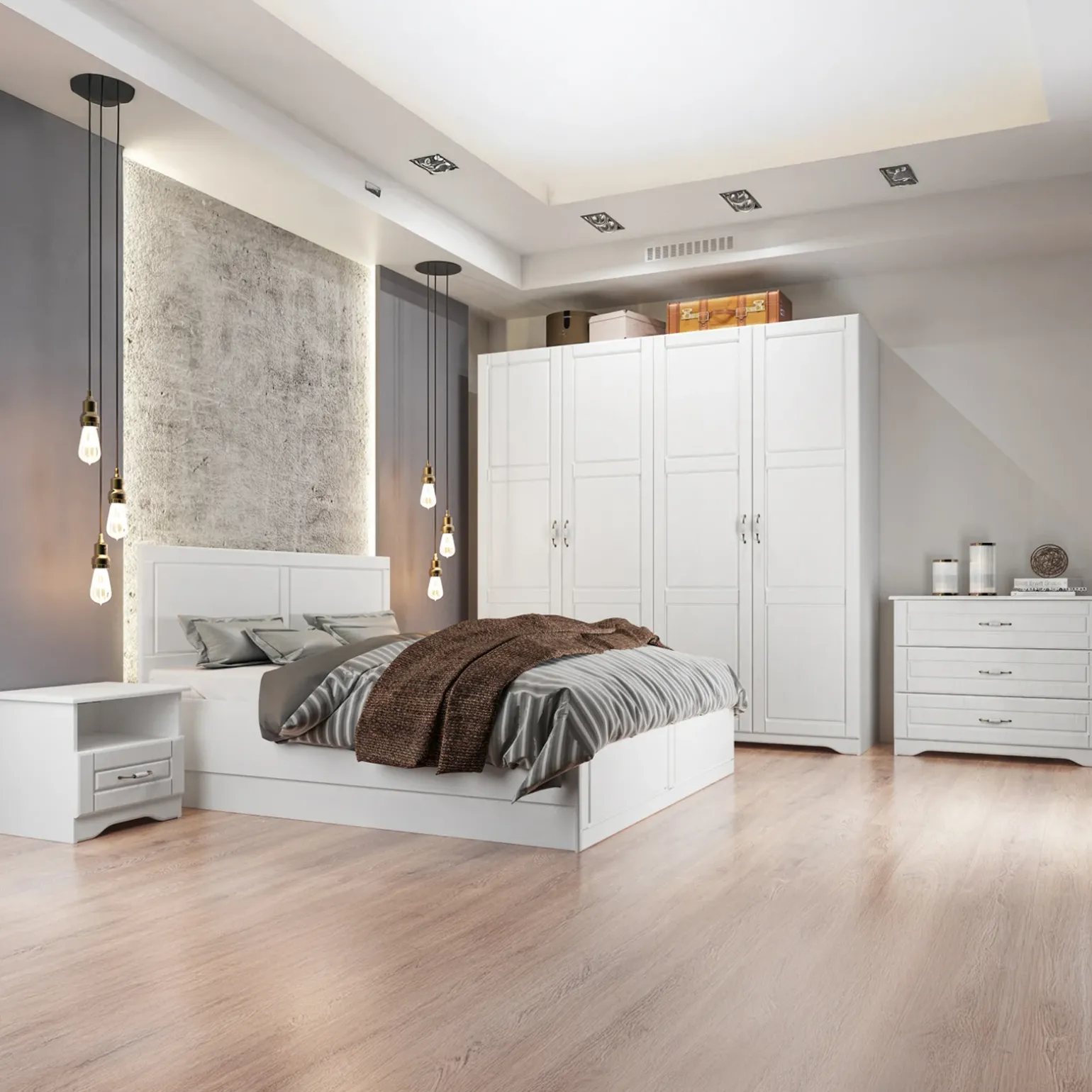 Letto matrimoniale 160x200cm con 2 comodini stile classico bianco opaco Friuli