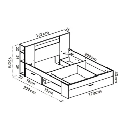 Letto matrimoniale 160x200cm con cassettoni e libreria rovere bianco Nolito