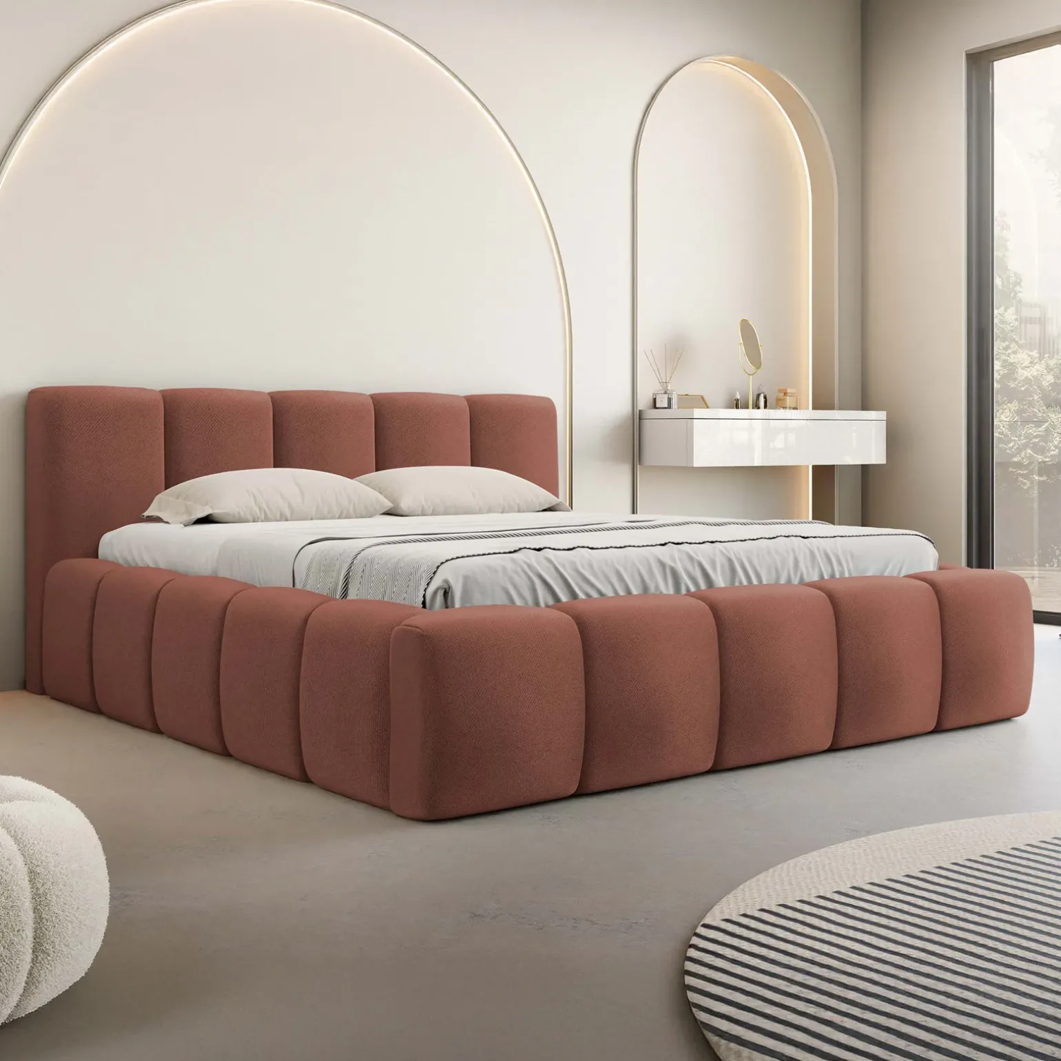 Letto matrimoniale 160x200cm con rete contenitore imbottito rosso mattone Aluna