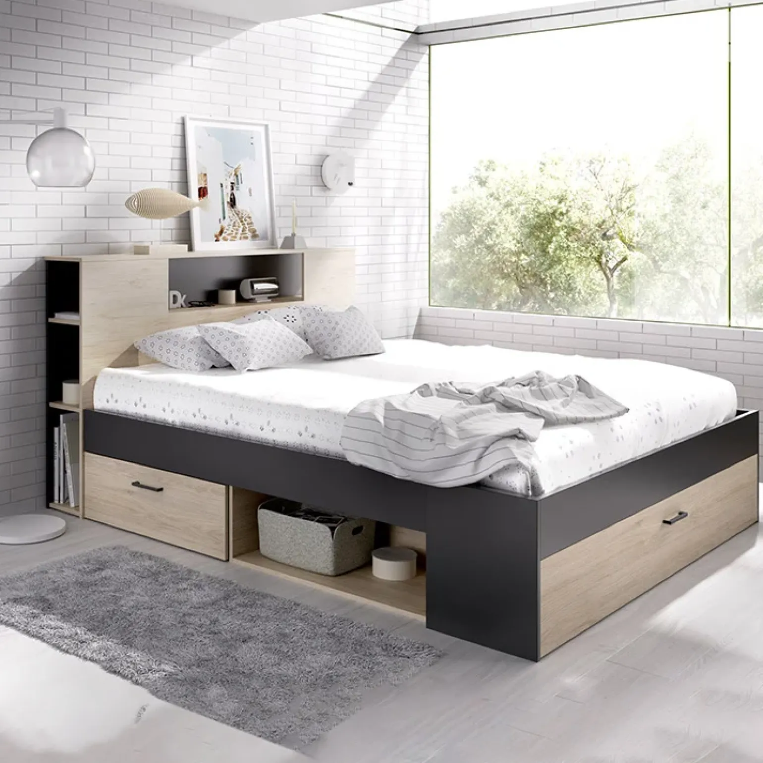 Letto matrimoniale 160x200cm con cassettoni e libreria rovere antracite Nolito