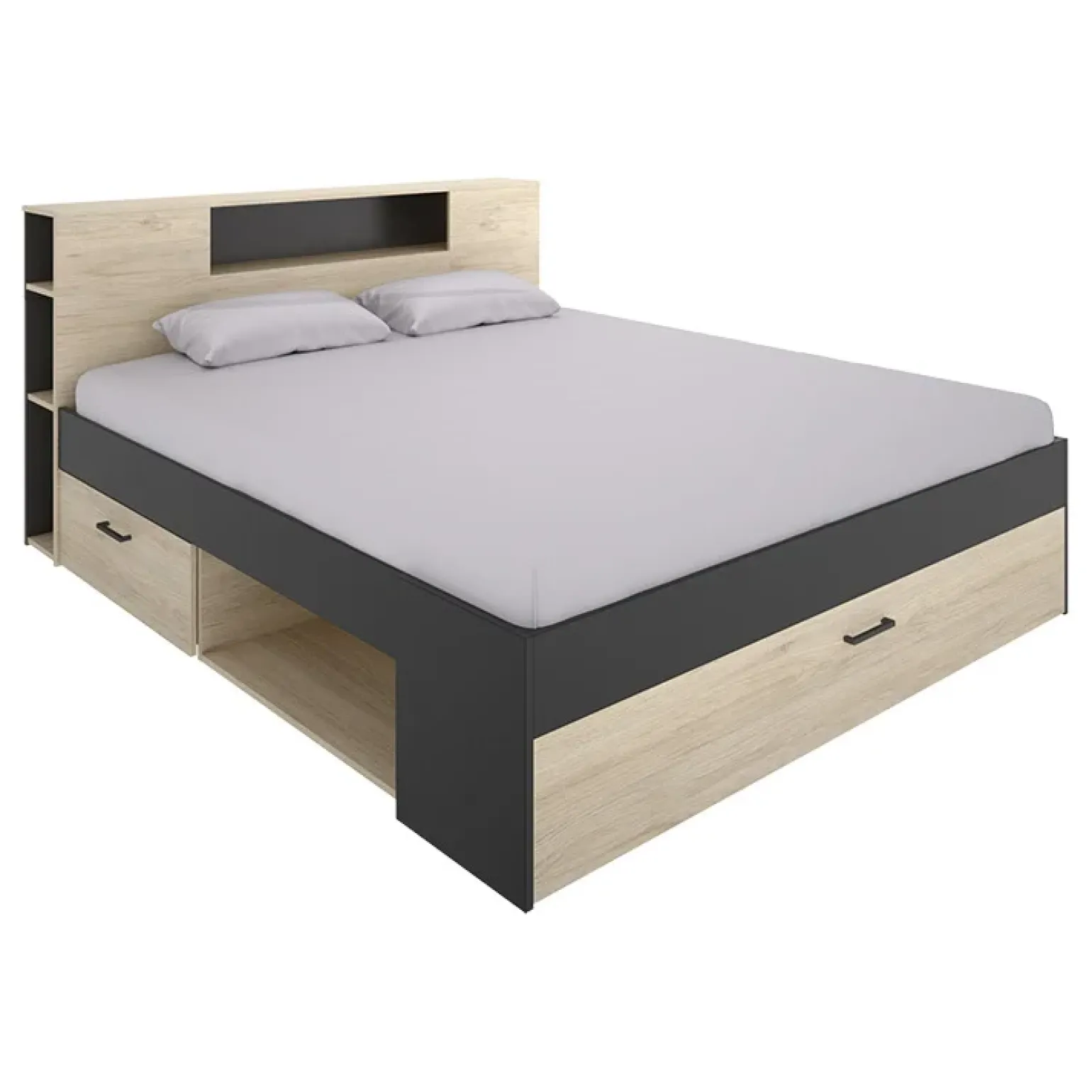 Letto matrimoniale 160x200cm con cassettoni e libreria rovere antracite Nolito