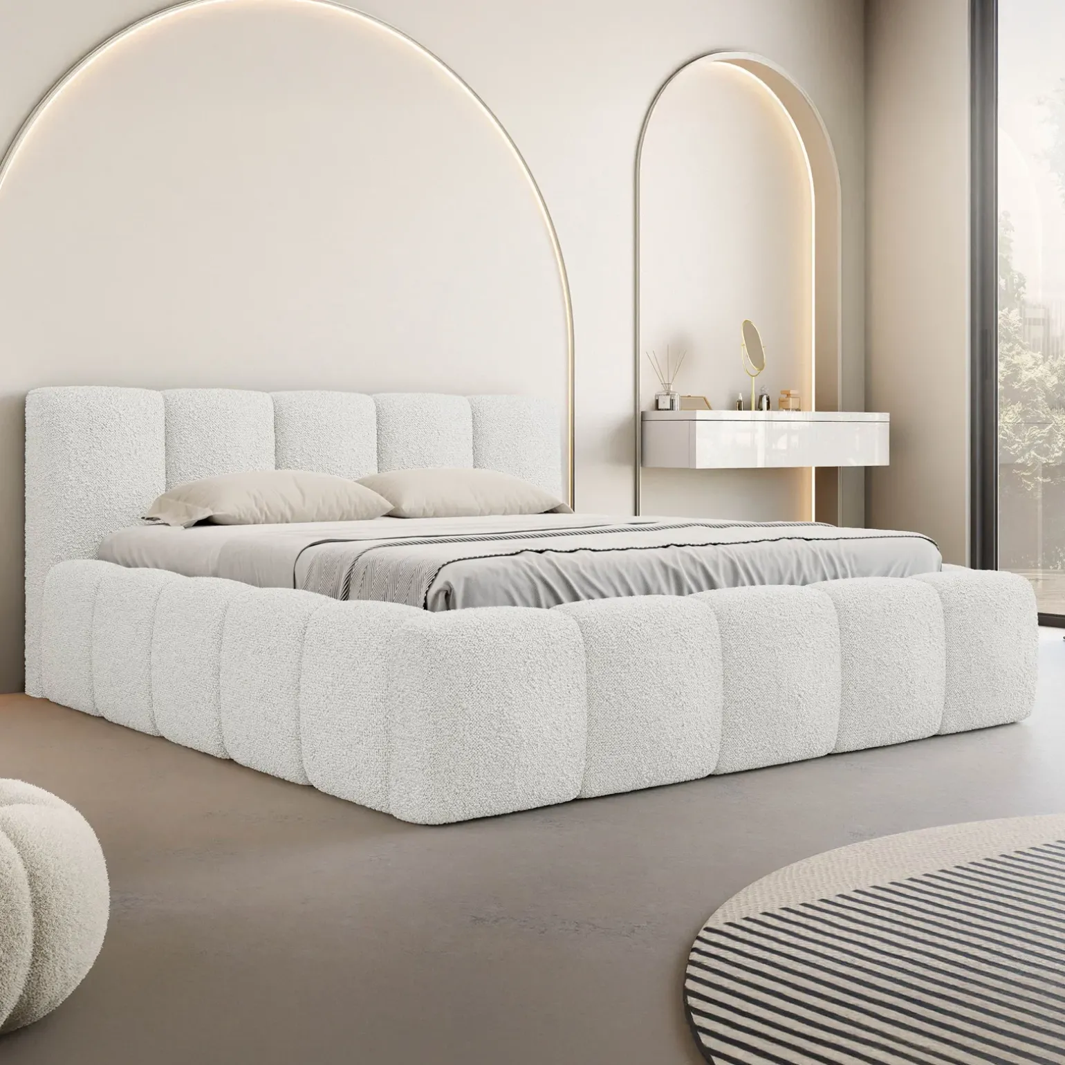 Letto matrimoniale 160x200cm con rete contenitore imbottito tessuto bouclé bianco Aluna