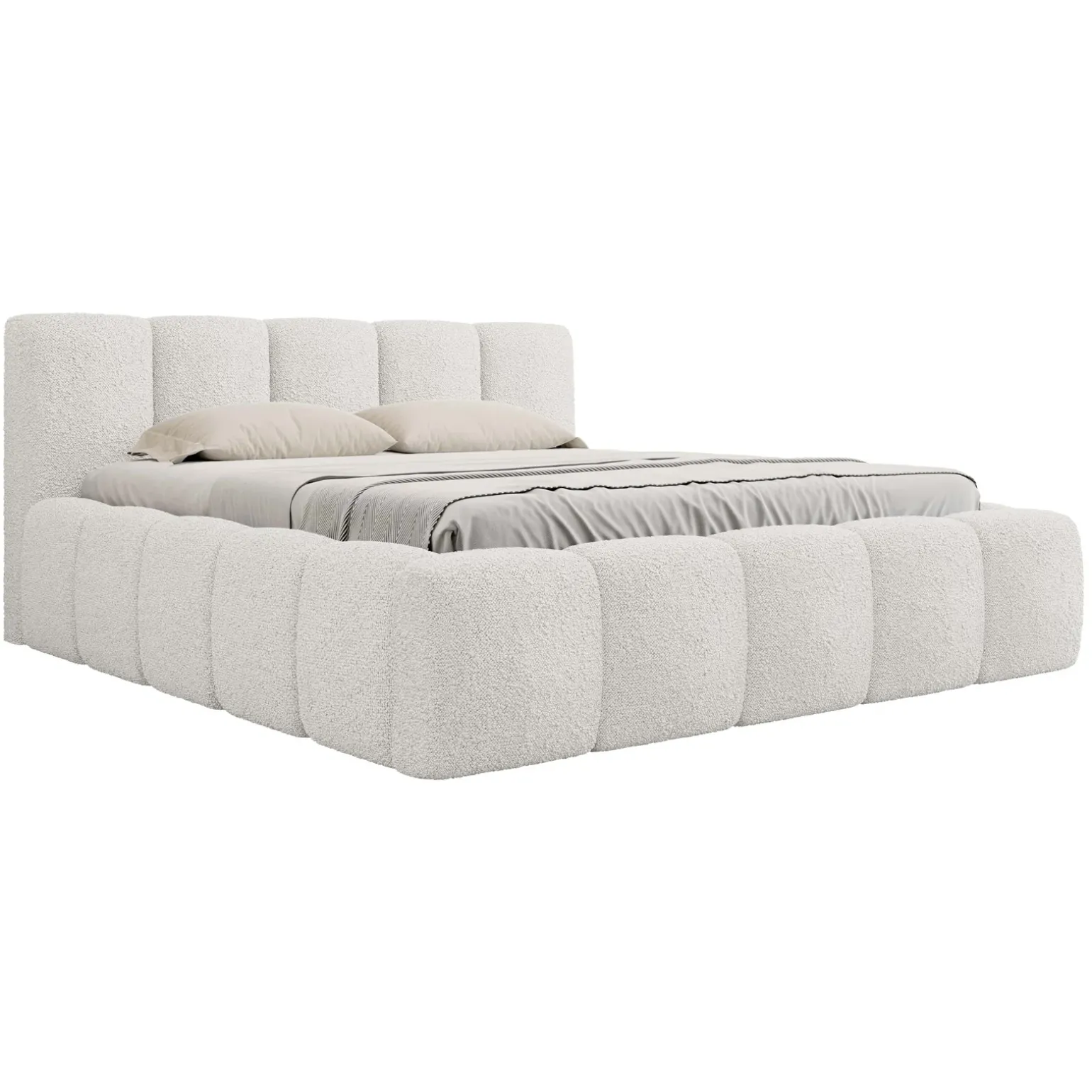 Letto matrimoniale 160x200cm con rete contenitore imbottito tessuto bouclé bianco Aluna