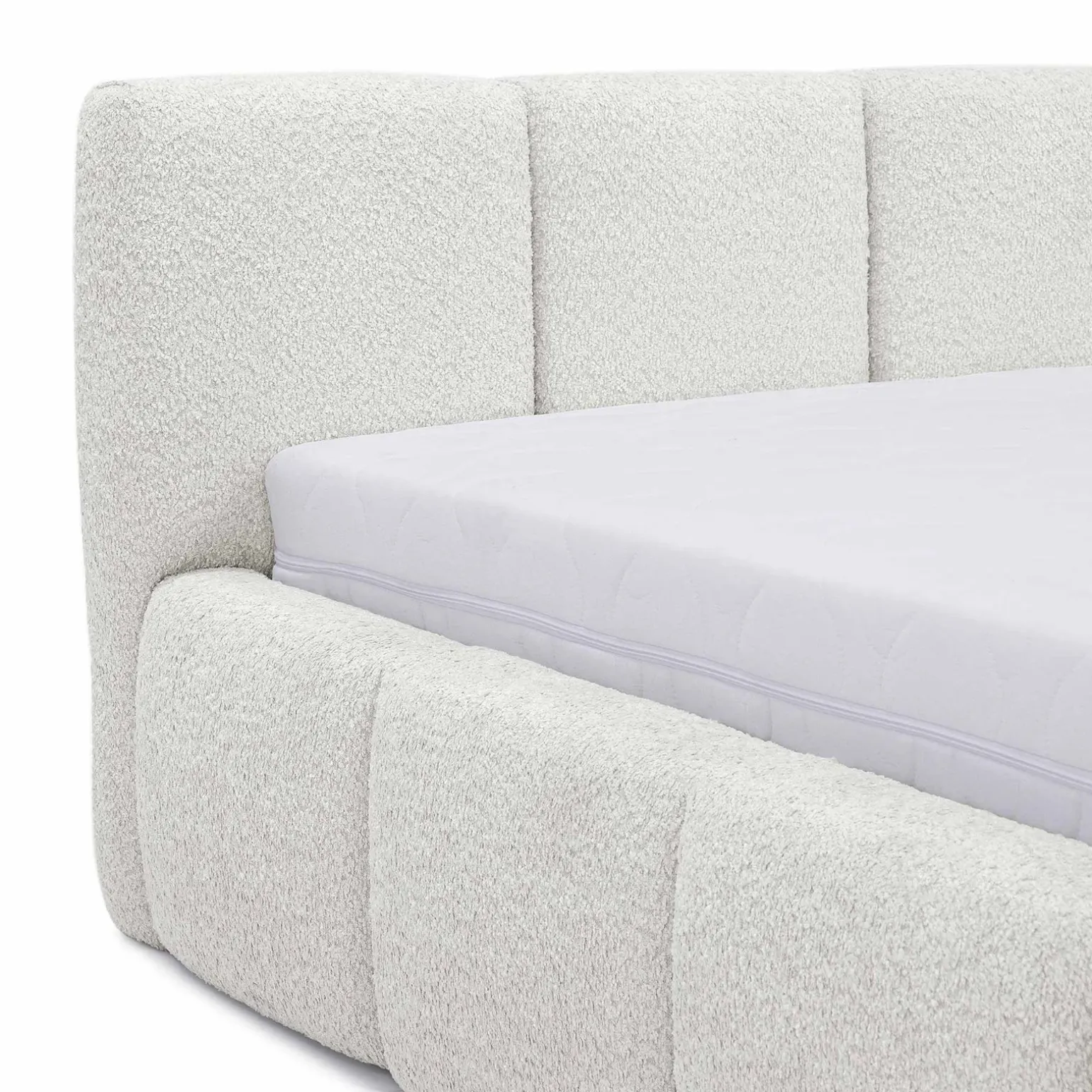 Letto matrimoniale 160x200cm con rete contenitore imbottito tessuto bouclé bianco Aluna