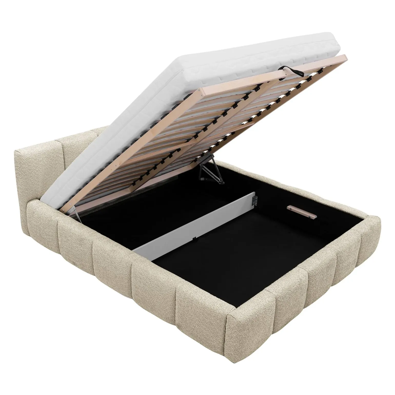 Letto matrimoniale 160x200cm con rete contenitore imbottito tessuto bouclé beige Aluna