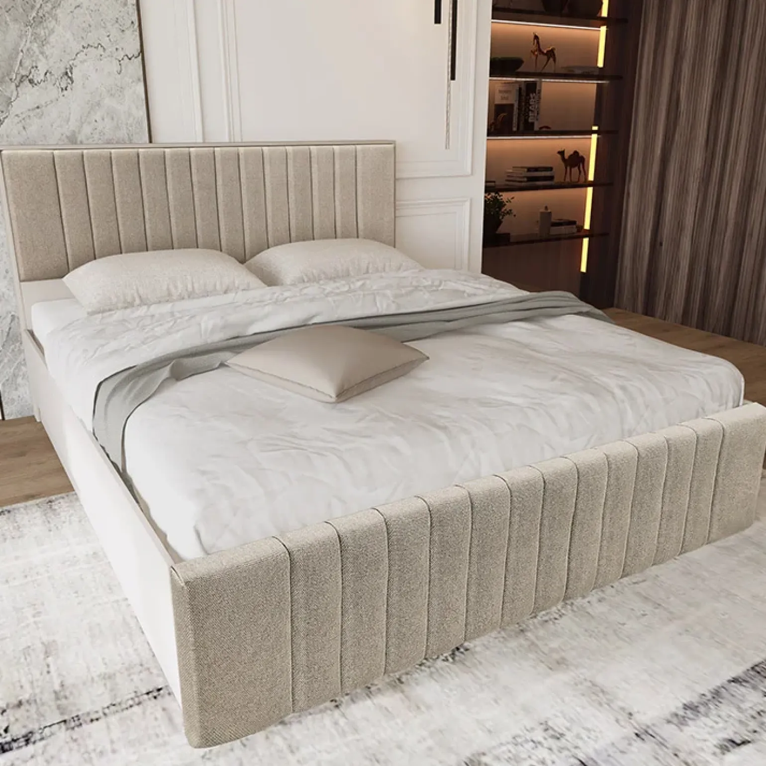 Letto matrimoniale 160x200cm imbottito con contenitore beige Emporio