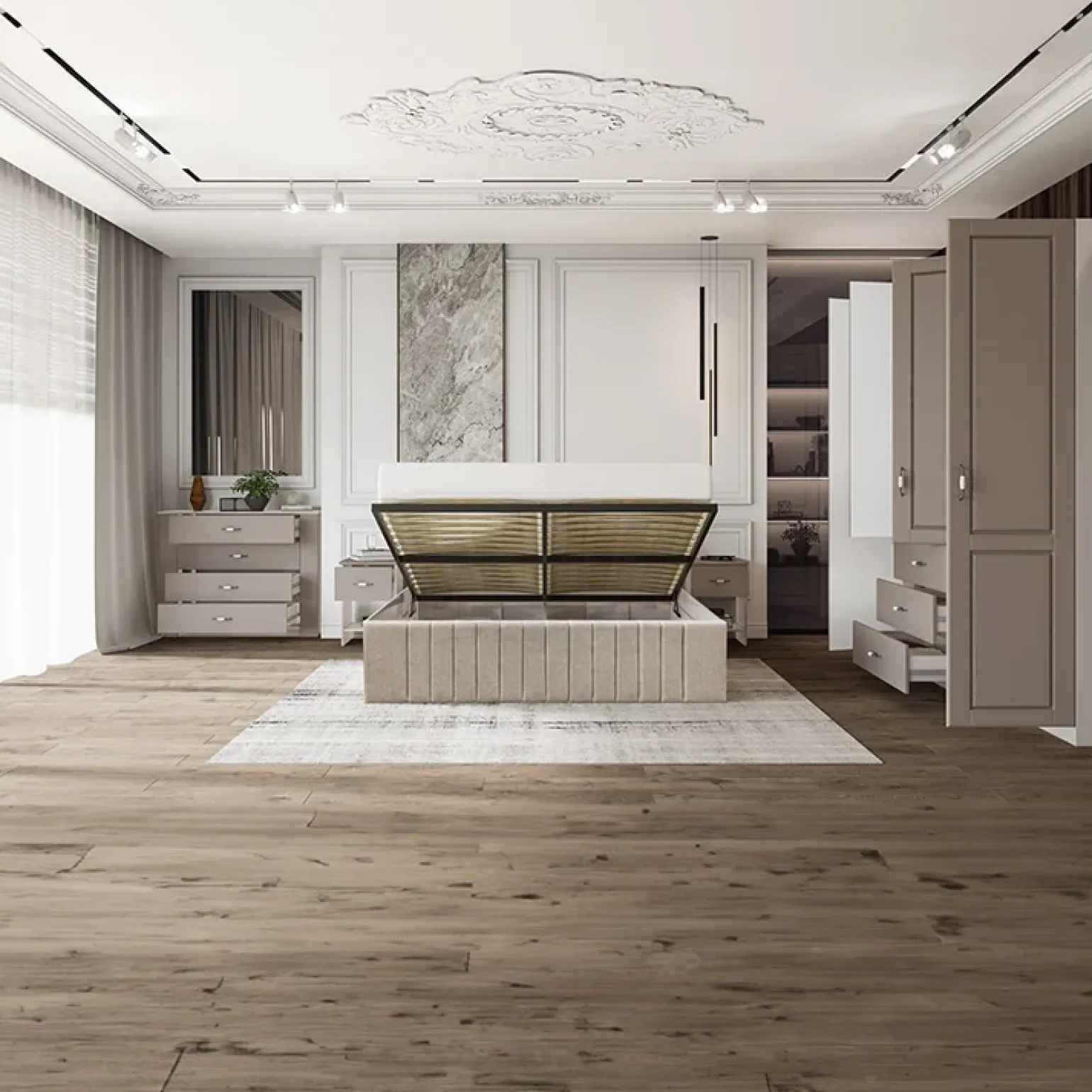 Letto matrimoniale 160x200cm imbottito con contenitore beige Emporio