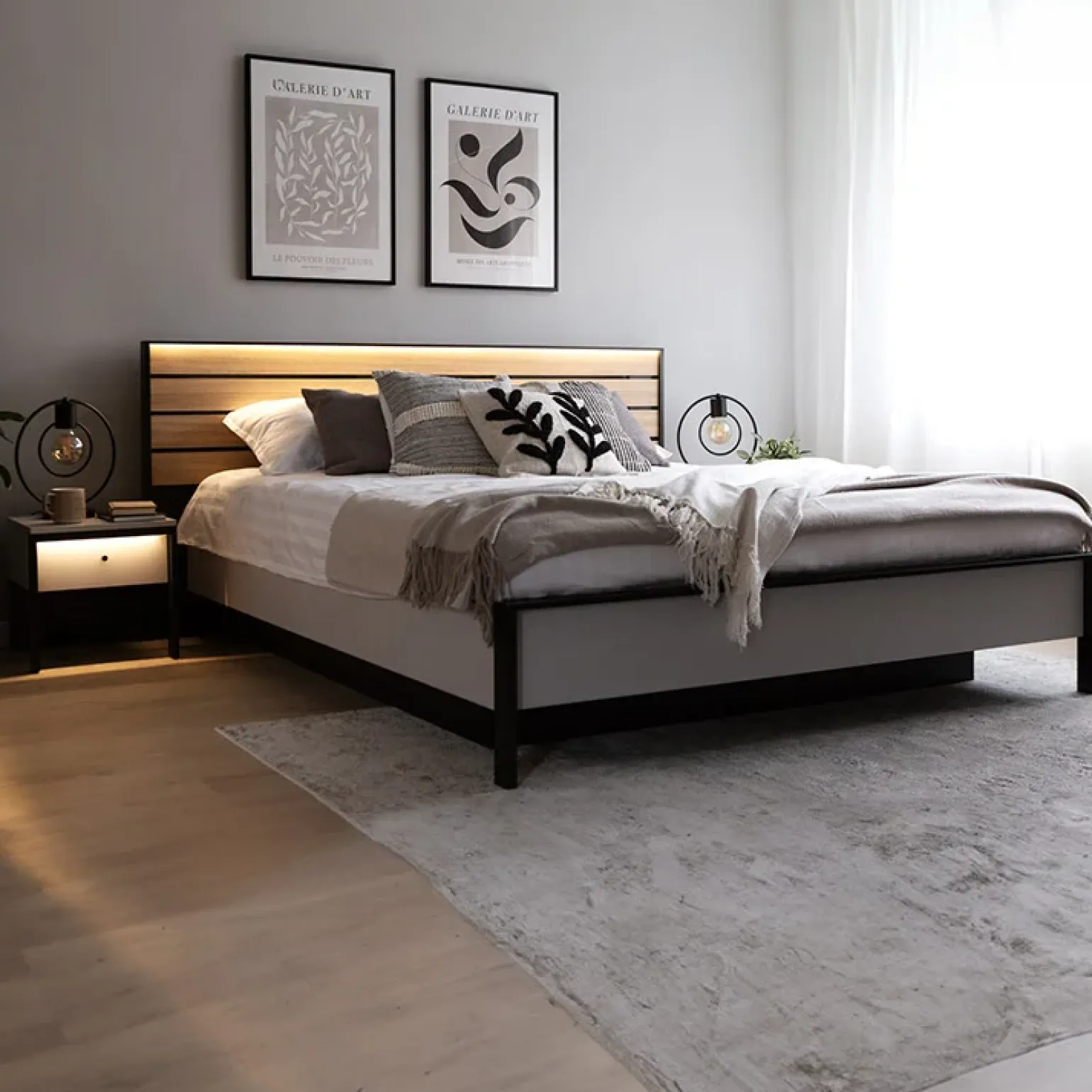 Letto oversize contenitore 180x200cm con LED e presa USB-C grigio nero rovere Luna