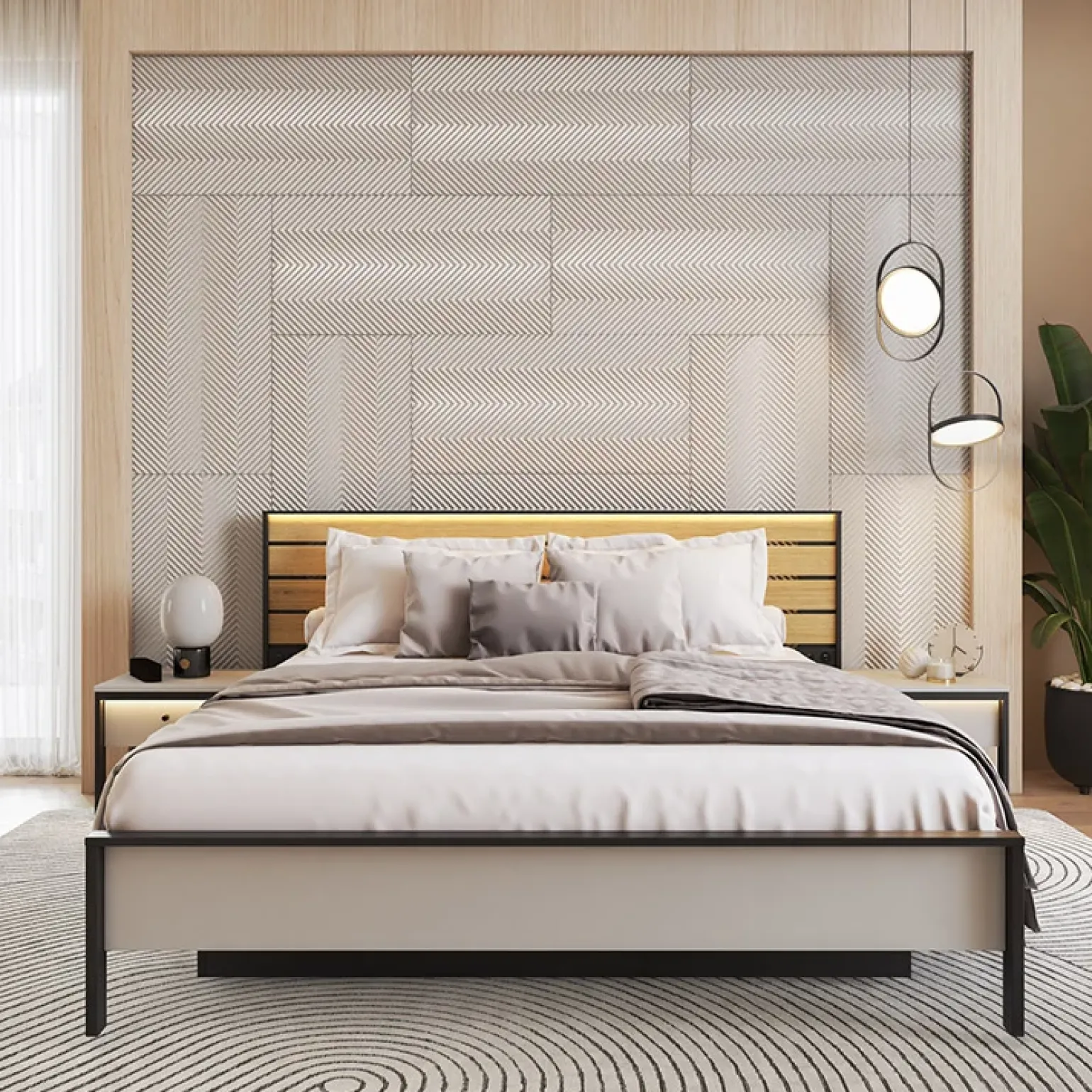 Letto oversize contenitore 180x200cm con LED e presa USB-C grigio nero rovere Luna