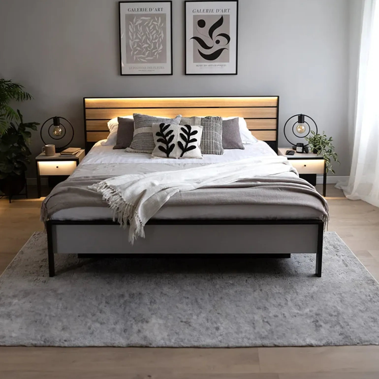 Letto oversize contenitore 180x200cm con LED e presa USB-C grigio nero rovere Luna