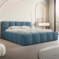 Letto oversize 180x200cm con rete contenitore imbottito tessuto bouclé turchese Aluna