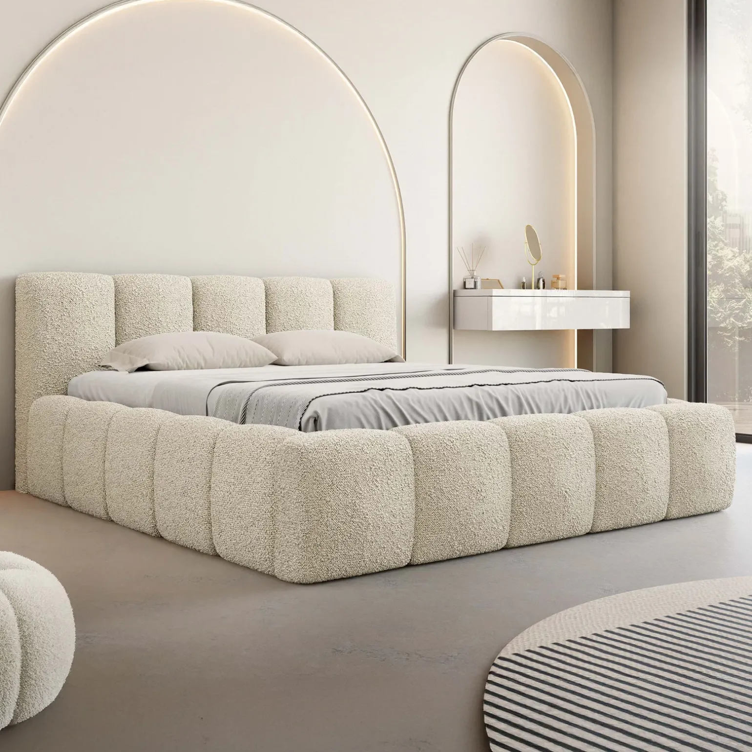 Letto oversize 180x200cm con rete contenitore imbottito tessuto bouclé beige Aluna