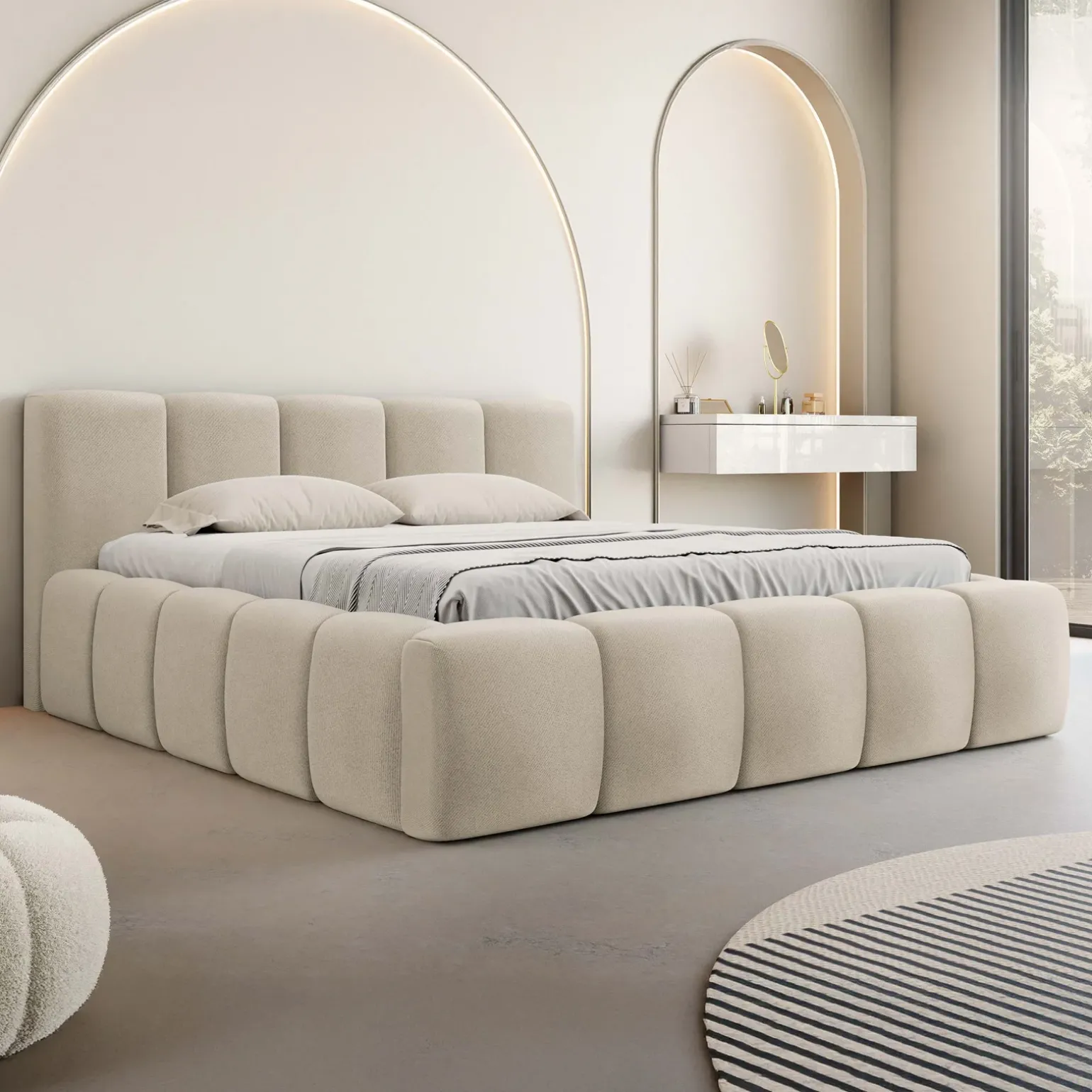Letto oversize 180x200cm con rete contenitore imbottito beige Aluna