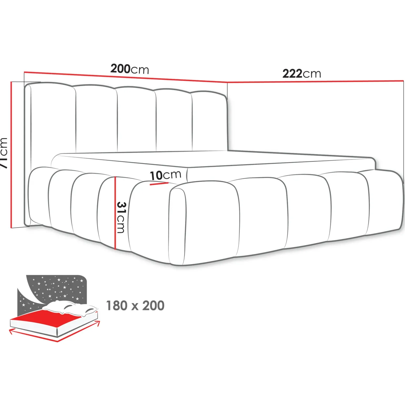 Letto oversize 180x200cm con rete contenitore imbottito azzurro grigio Aluna