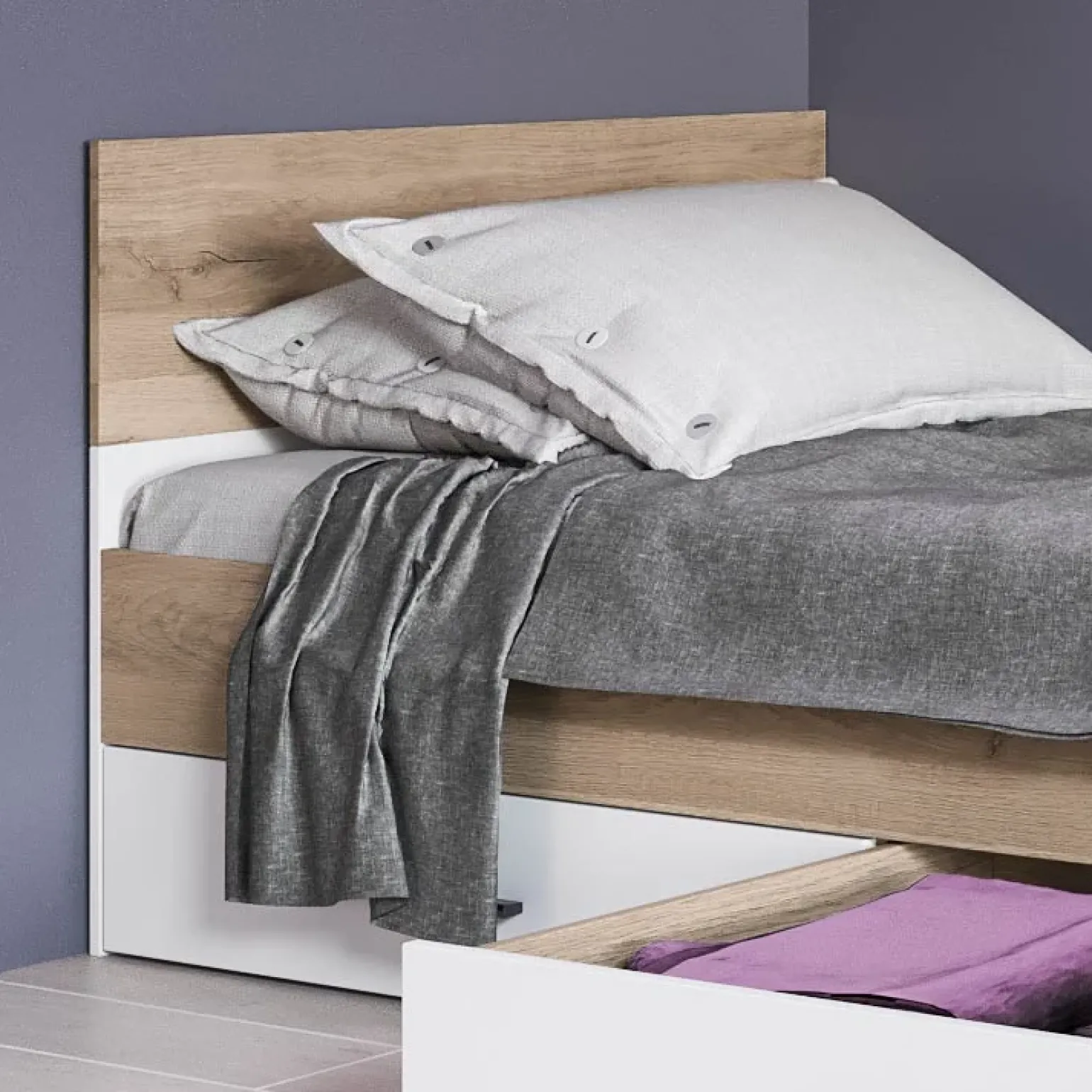 Letto singolo 90x200cm con 2 cassetti rovere bianco opaco Fabrizio