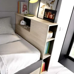 Letto singolo 90x190cm con cassettoni e libreria rovere grafite Derby