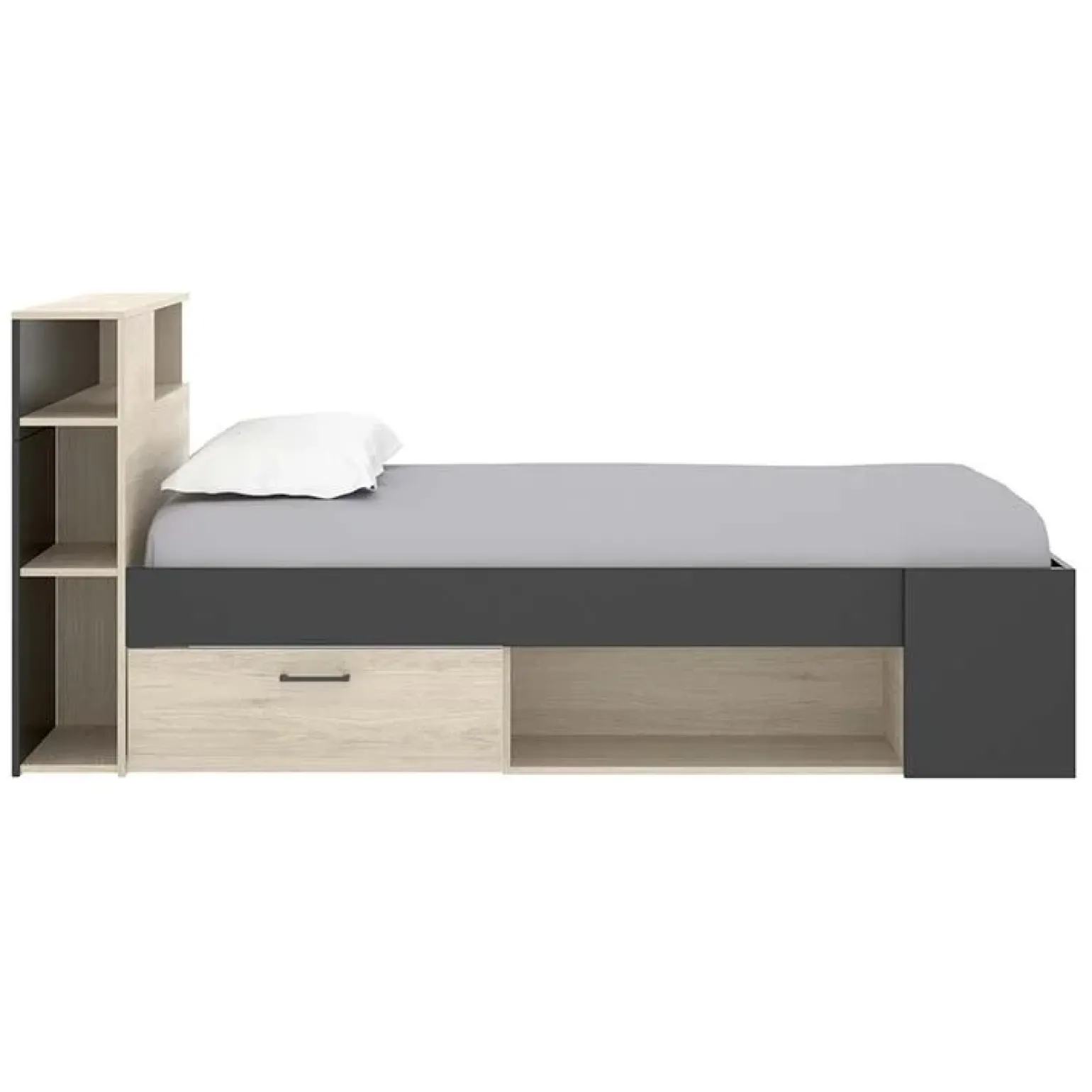 Letto singolo 90x190cm con cassettoni e libreria rovere grafite Derby