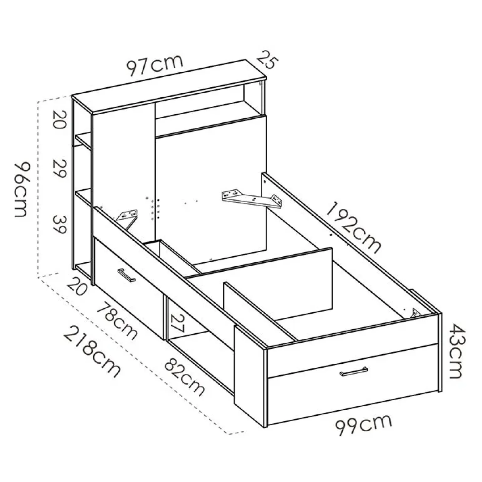 Letto singolo 90x190cm con cassettoni e libreria rovere grafite Derby