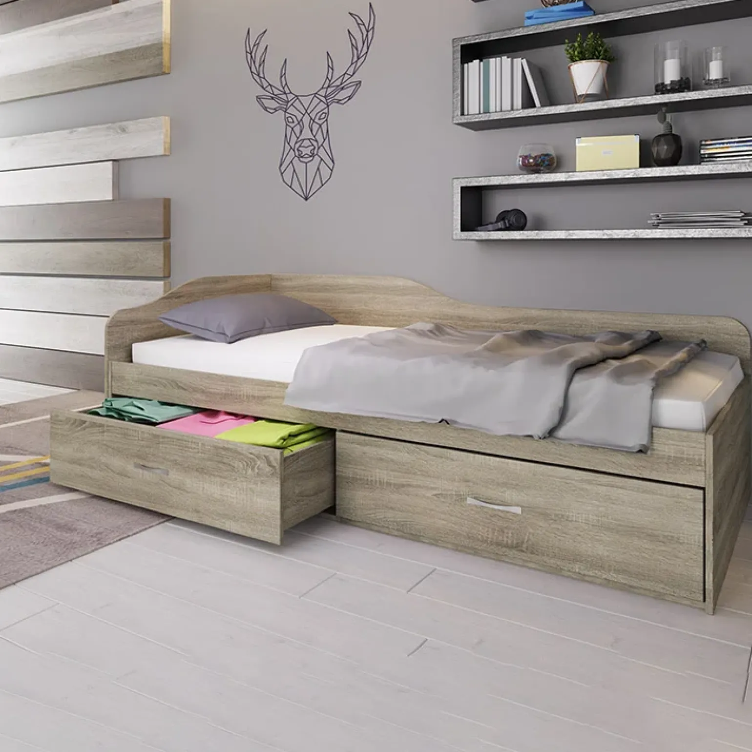 Letto singolo 90x200cm con cassettoni rovere sonoma Beccaria