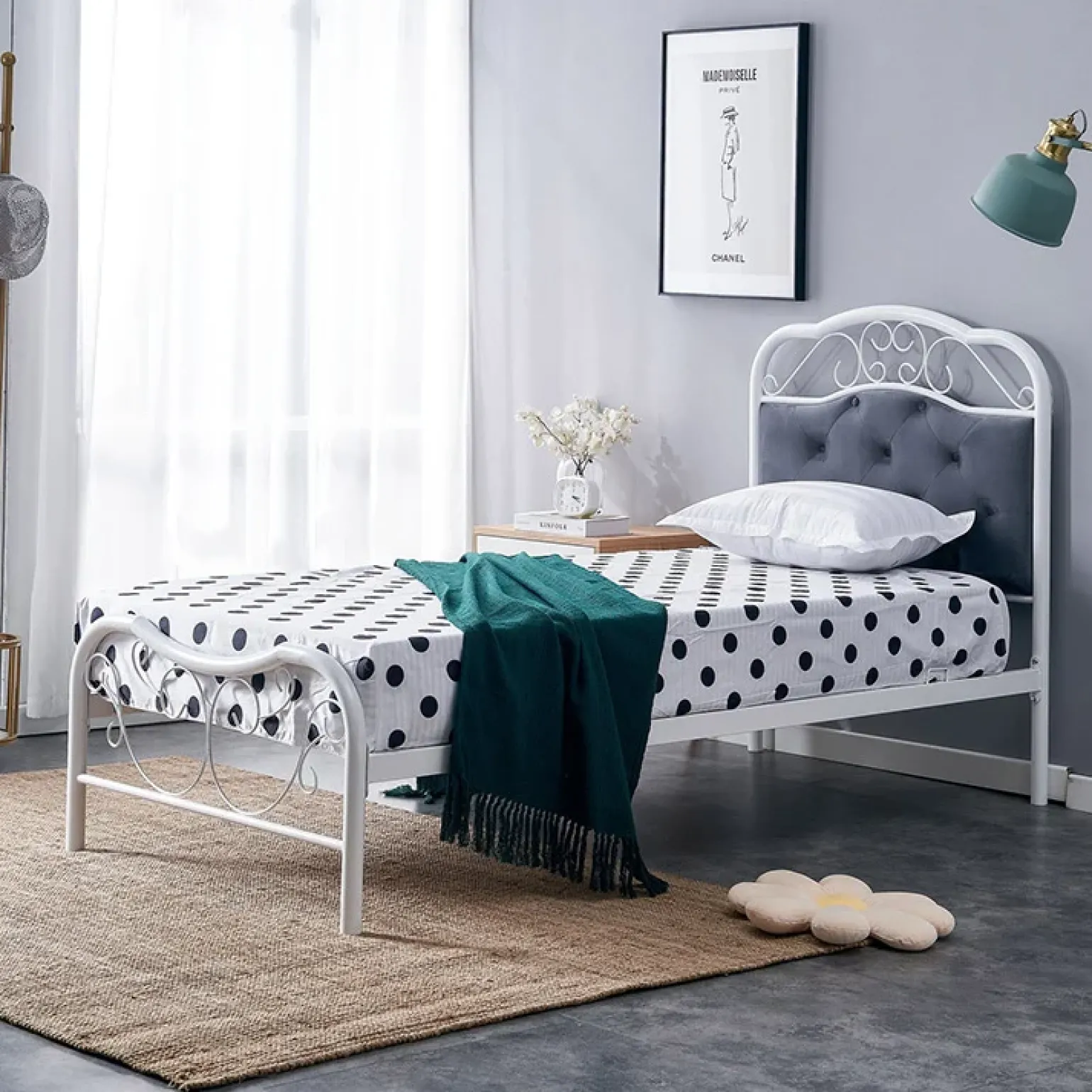 Letto singolo 90x200cm grigio moderno con testiera bianco Geki