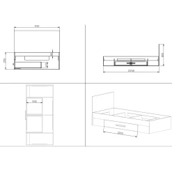 Letto singolo 90x200cm moderno rovere antracite Chiaretto