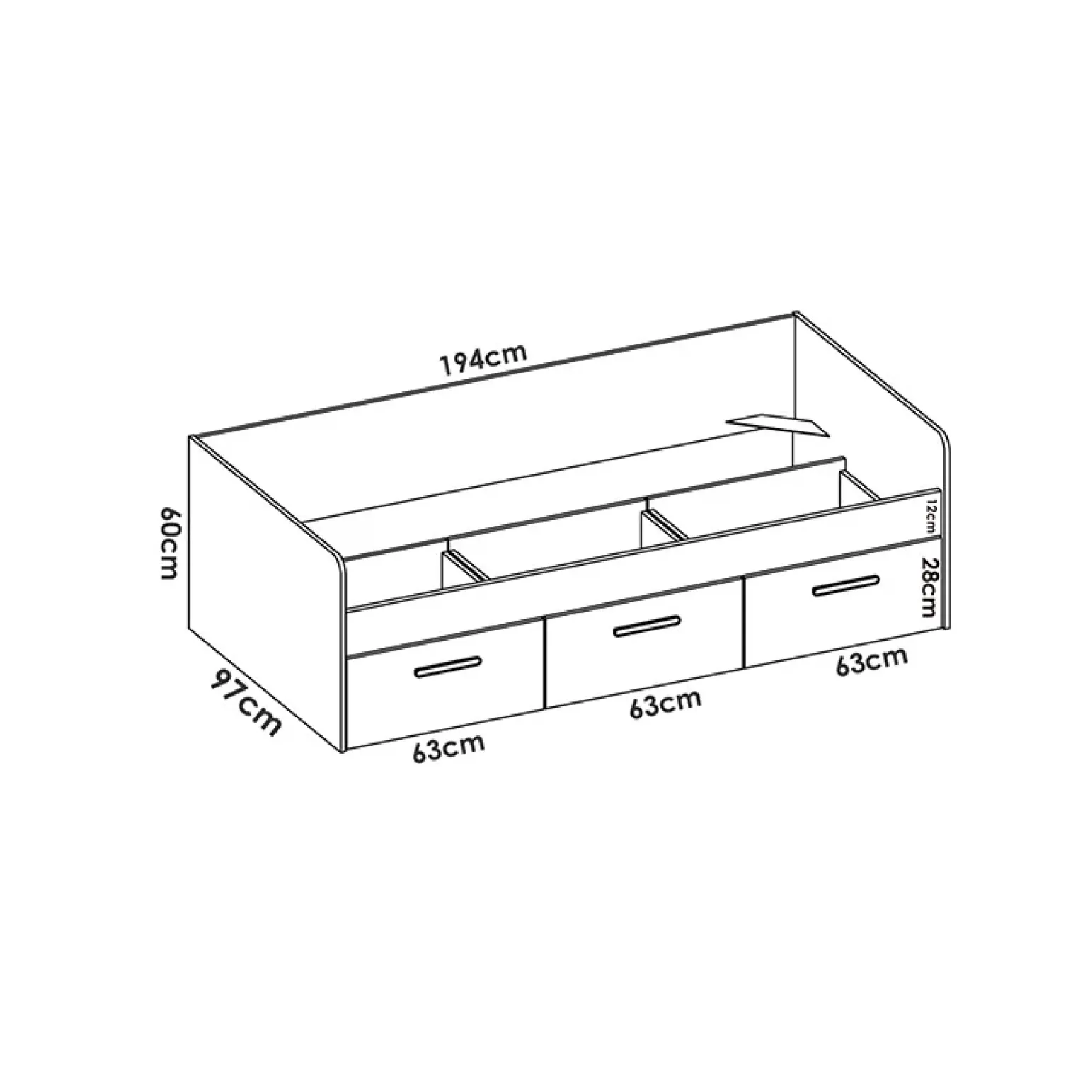 Letto singolo 90x190cm per bambini legno bianco 3 cassetti Alvaro