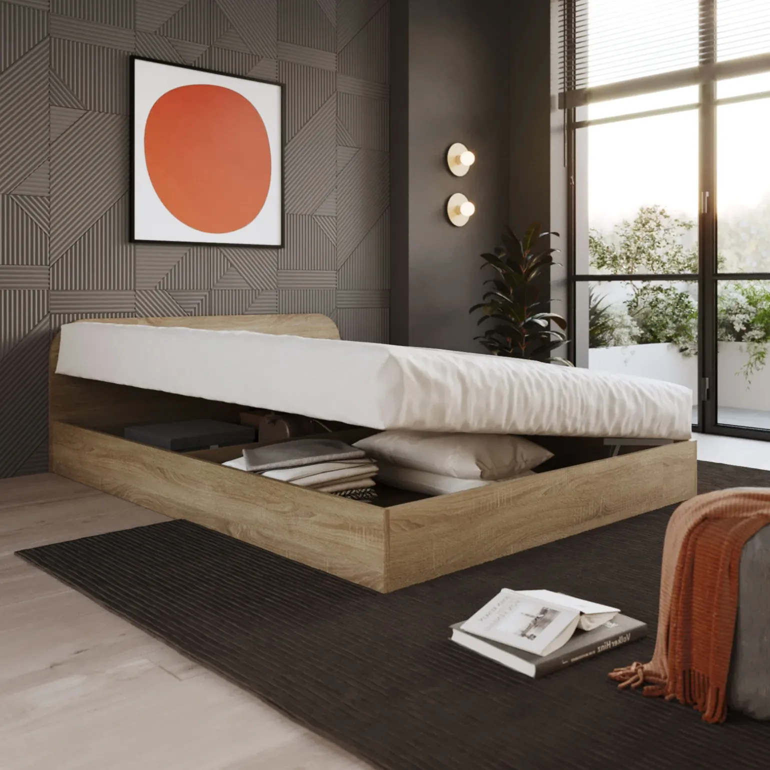 Letto 140x190cm alla francese contenitore moderno rovere sonoma Carrisi