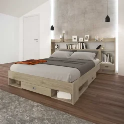Letto 140x200cm alla francese con cassettoni e libreria rovere sonoma Danubio