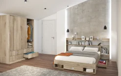 Letto 140x200cm alla francese con cassettoni e libreria rovere sonoma Danubio