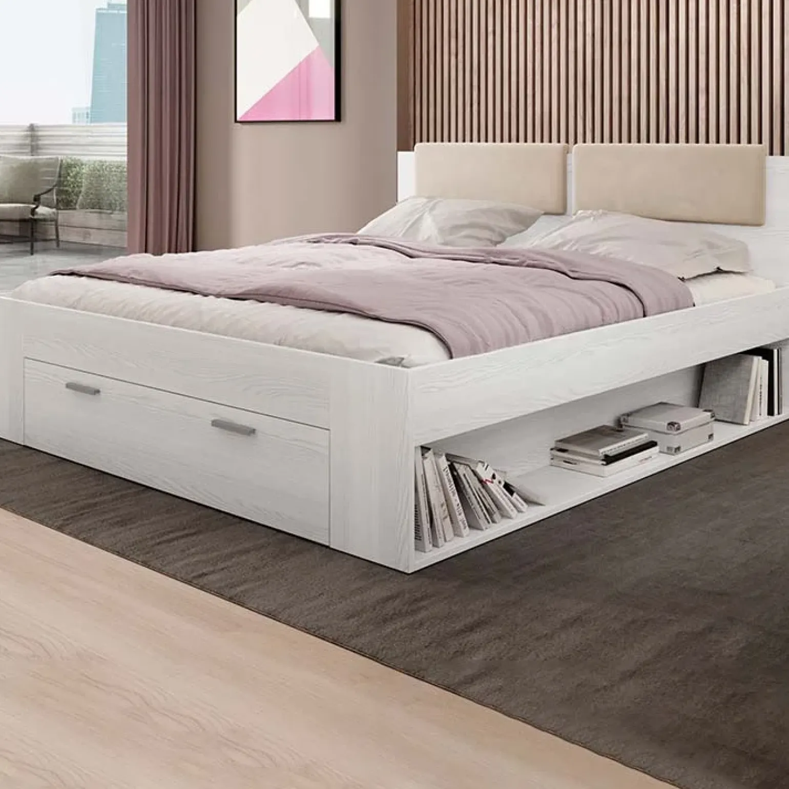 Letto 140x200cm alla francese con cassettone e pino bianco beige Cortina