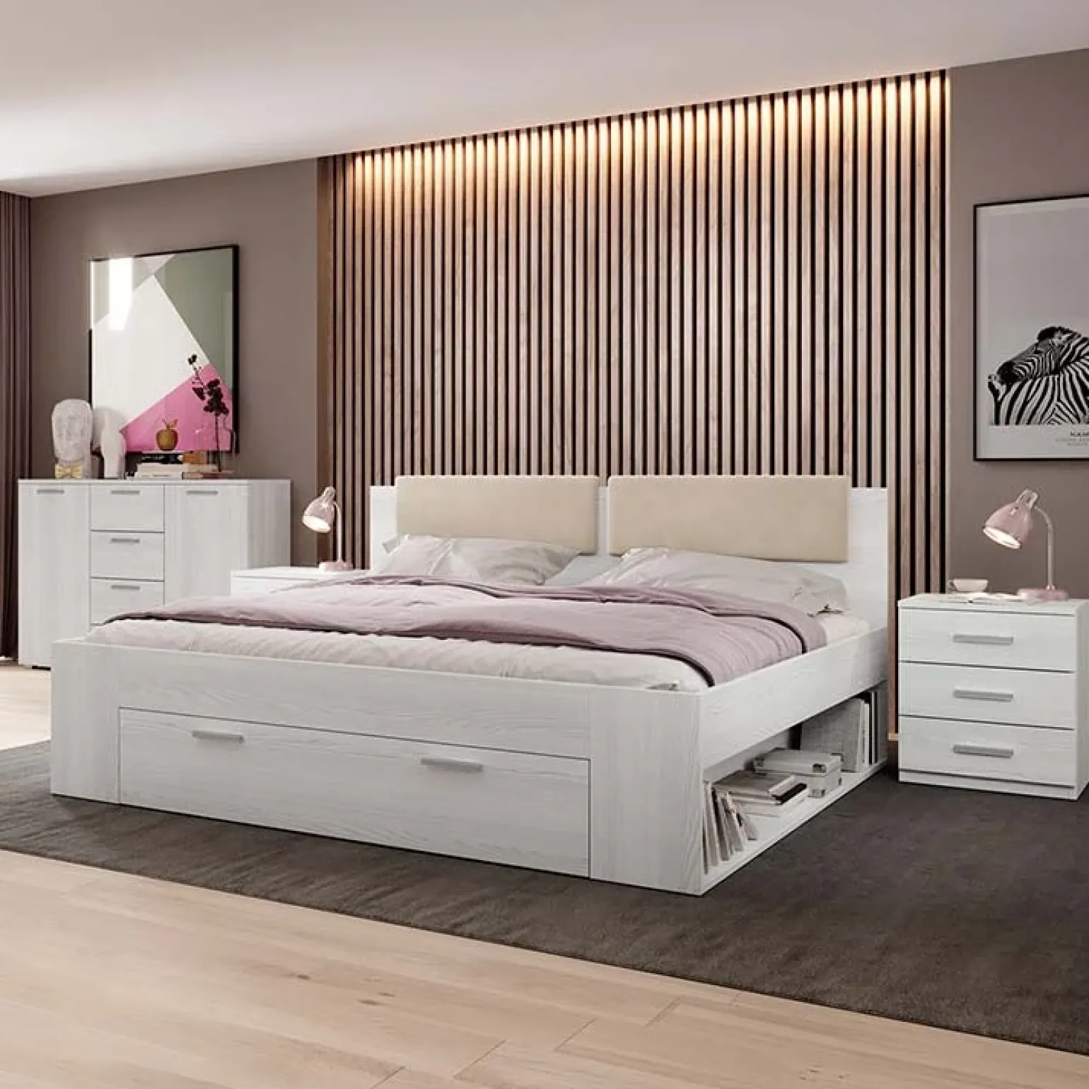 Letto 160x200cm matrimoniale con cassettone pino bianco beige Cortina