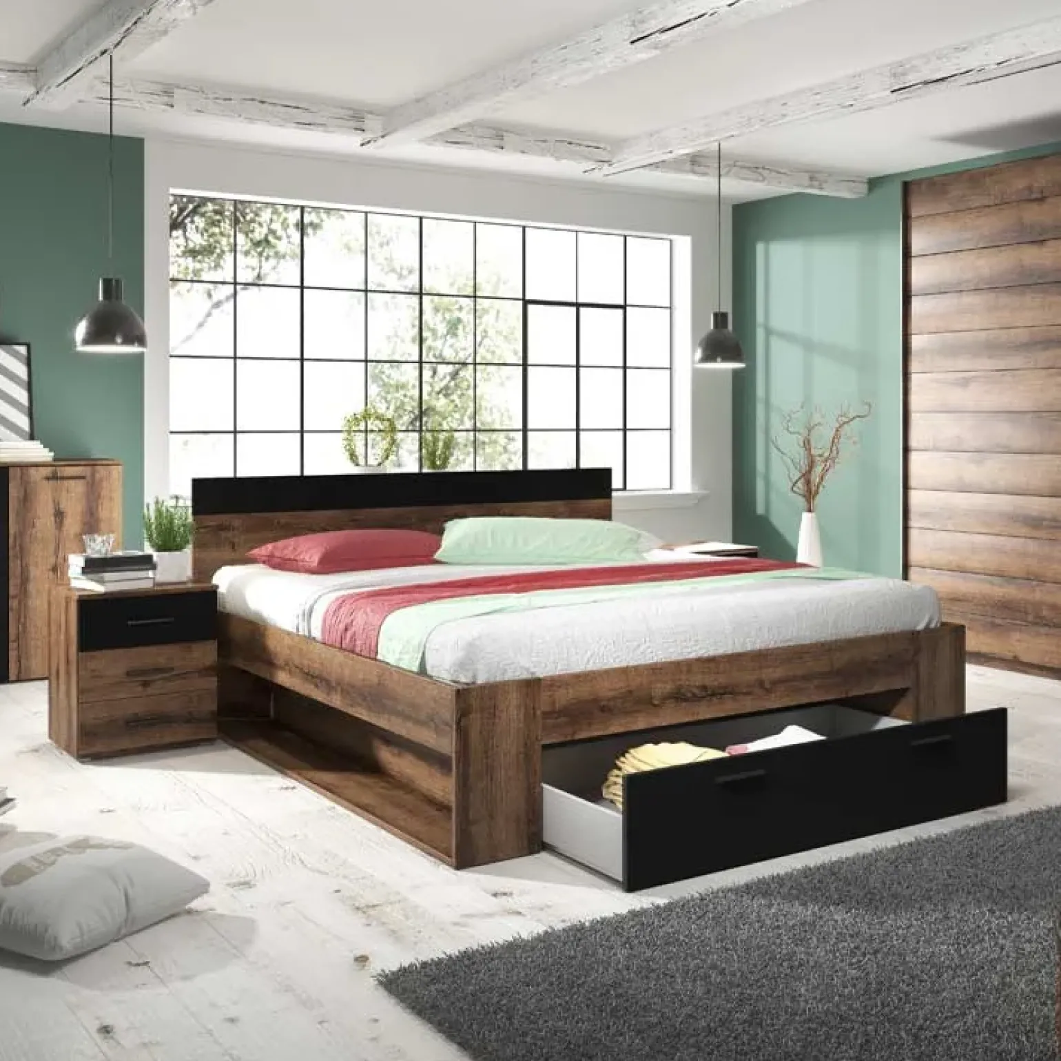 Letto 160x200cm matrimoniale contenitore rovere nero opaco Lisbona Gihome®