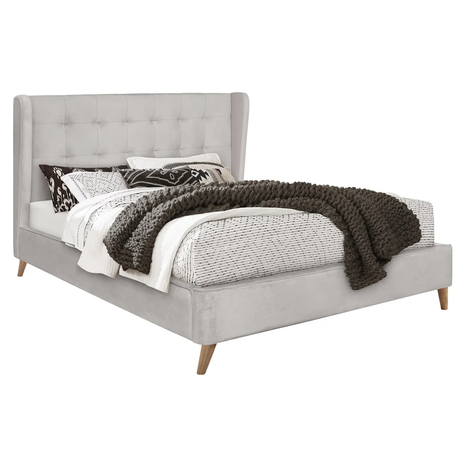 Letto 160x200cm matrimoniale imbottito in velluto con rete a doghe beige Resty