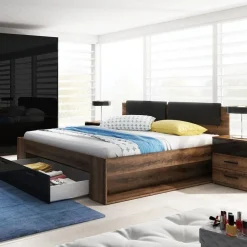 Letto 180x200cm matrimoniale rovere scuro nero lucido Cortina Gihome®