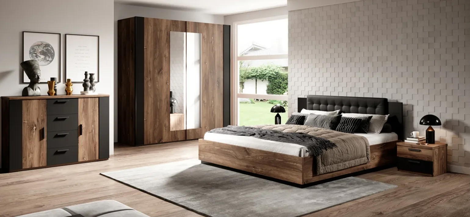 Letto 180x200cm oversize matrimoniale rovere scuro nero Vulcano
