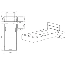 Letto 90x200cm singolo contenitore con comodino rovere bianco giallo Pietro Gihome®